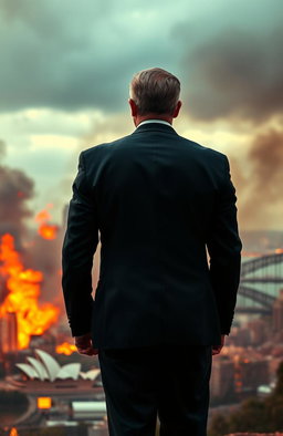 A man in a sharp political suit stands with his back to the viewer, overlooking the city of Sydney engulfed in flames, smoke rising into the sky
