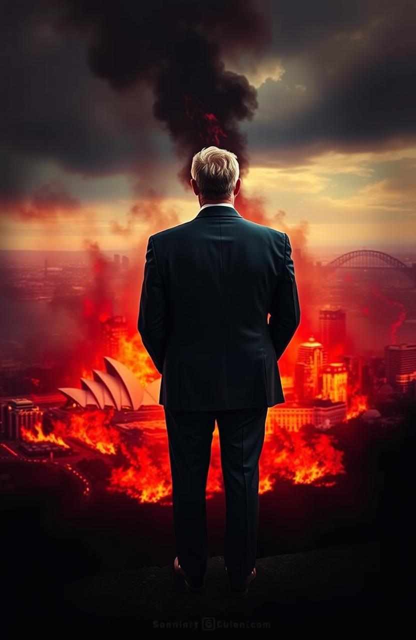 A man in a sharp political suit stands with his back to the viewer, overlooking the city of Sydney engulfed in flames, smoke rising into the sky