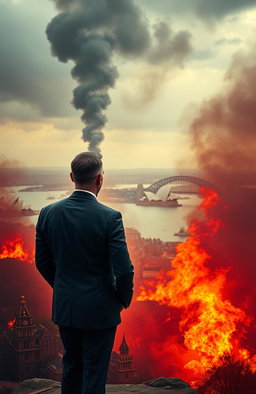 A man in a sharp political suit stands with his back to the viewer, overlooking the city of Sydney engulfed in flames, smoke rising into the sky
