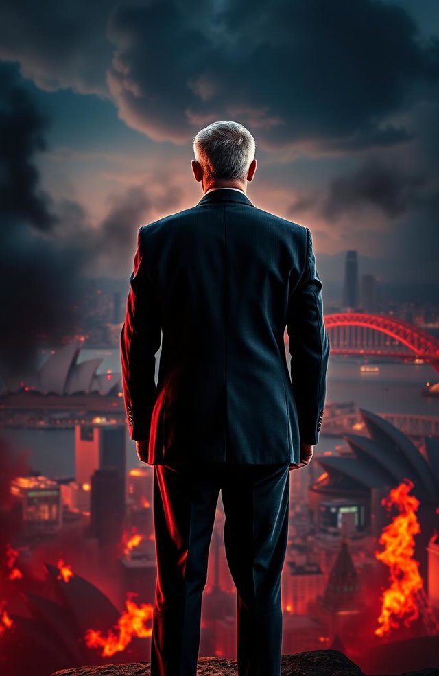 A man in a sharp political suit stands with his back to the viewer, overlooking the city of Sydney engulfed in flames, smoke rising into the sky
