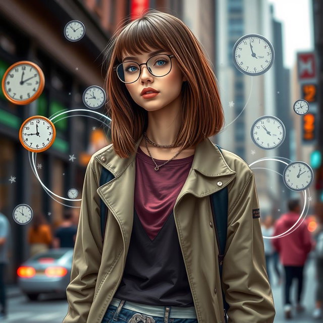 A stylish young woman with straight, layered brown hair and clear skin, wearing fashionable glasses