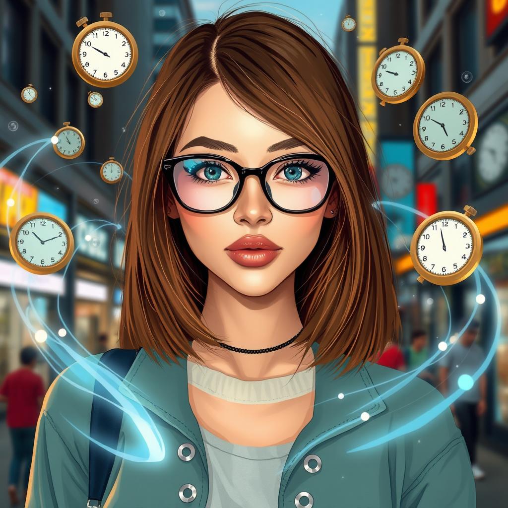 A stylish young woman with straight, layered brown hair and clear skin, wearing fashionable glasses