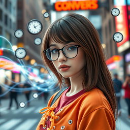 A stylish young woman with straight, layered brown hair and clear skin, wearing fashionable glasses
