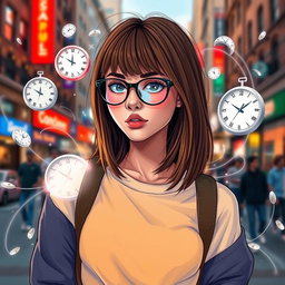 A stylish young woman with straight, layered brown hair and clear skin, wearing fashionable glasses