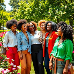 A diverse group of confident women of different ethnicities and ages, dressed in stylish and vibrant outfits