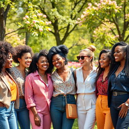 A diverse group of confident women of different ethnicities and ages, dressed in stylish and vibrant outfits