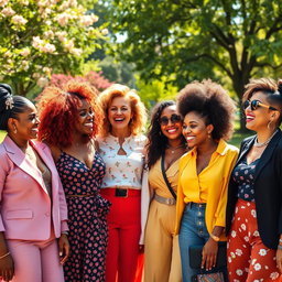 A diverse group of confident women of different ethnicities and ages, dressed in stylish and vibrant outfits