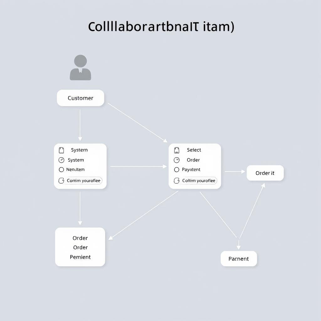 A collaboration diagram depicting an online food ordering system that includes various components: Customer, System, MenuItem, Order, and Payment