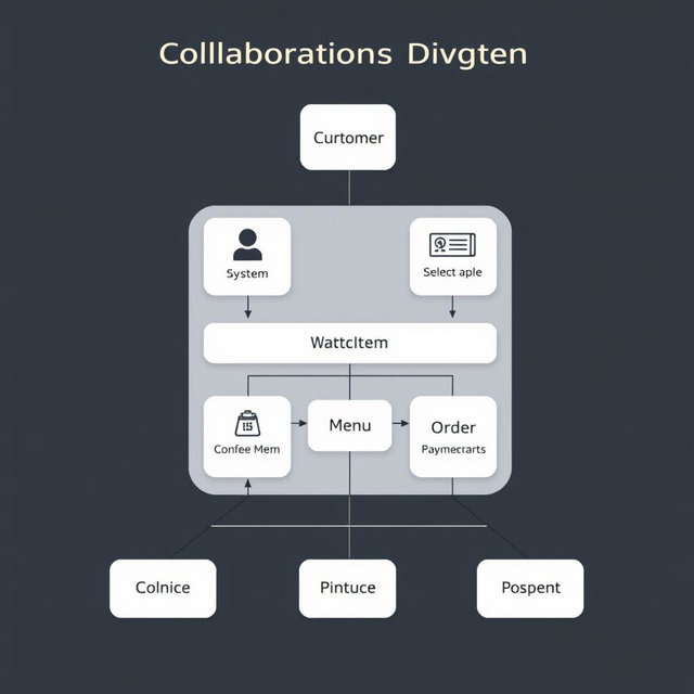 A collaboration diagram depicting an online food ordering system that includes various components: Customer, System, MenuItem, Order, and Payment