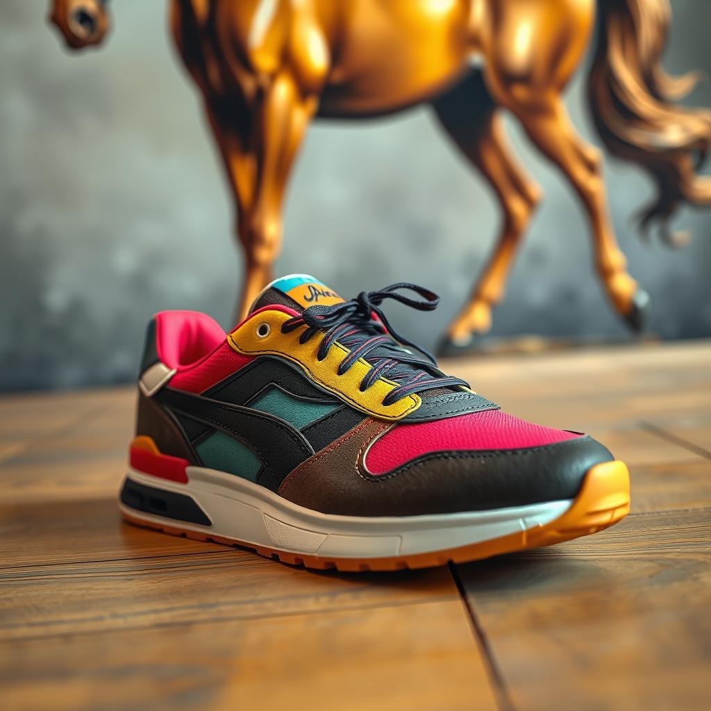 A close-up view of a stylish sneaker with vibrant colors and unique designs, featuring a sleek profile and intricate detailing