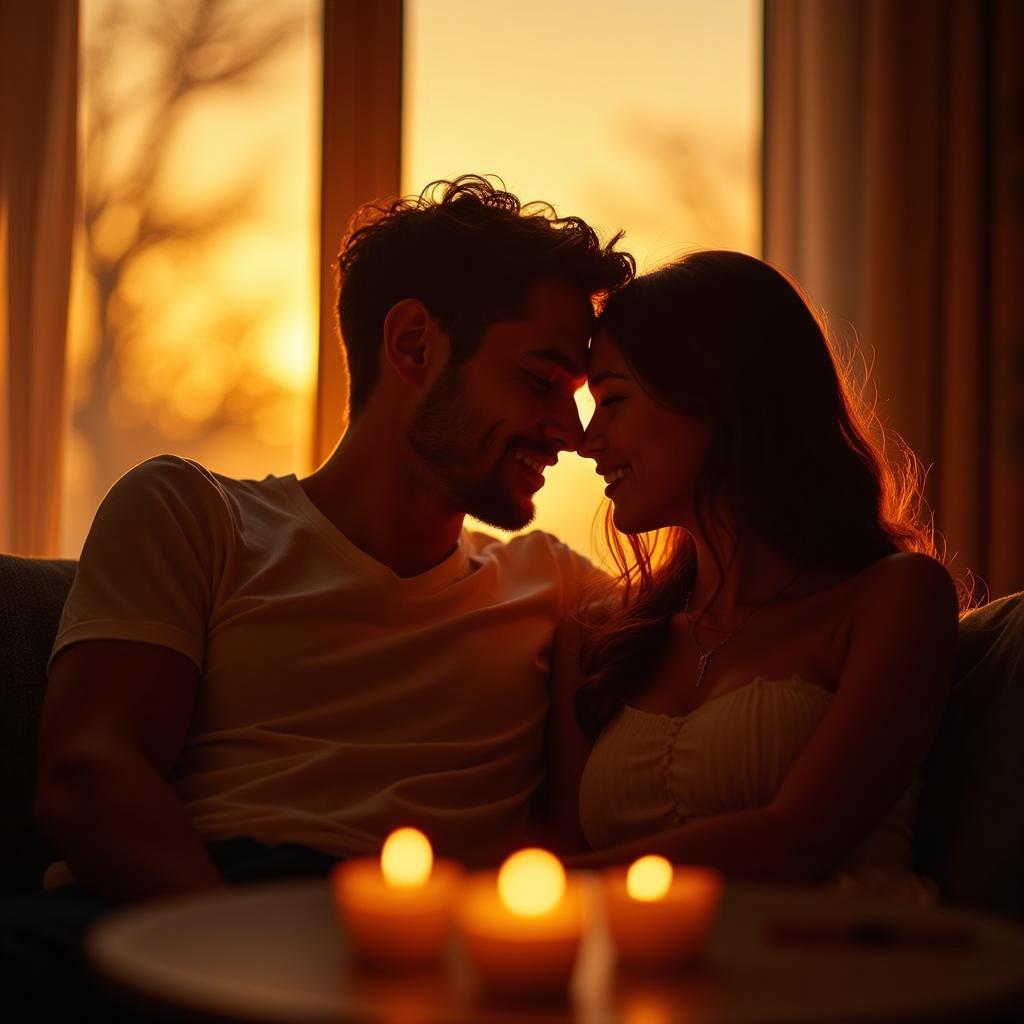 A romantic scene featuring a couple intimately gazing into each other's eyes, surrounded by a warm, golden sunset glow