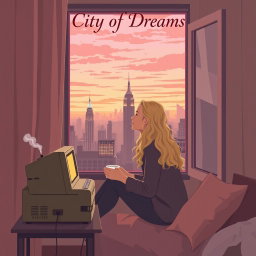 A book cover design in vector art style featuring a cozy and lighthearted scene of a young woman, Carrie Bradshaw, who is 21 years old with long, curly blonde hair, sitting by her apartment window