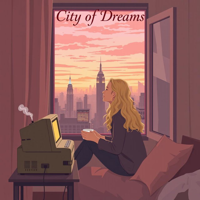 A book cover design in vector art style featuring a cozy and lighthearted scene of a young woman, Carrie Bradshaw, who is 21 years old with long, curly blonde hair, sitting by her apartment window