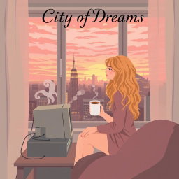A book cover design in vector art style featuring a cozy and lighthearted scene of a young woman, Carrie Bradshaw, who is 21 years old with long, curly blonde hair, sitting by her apartment window