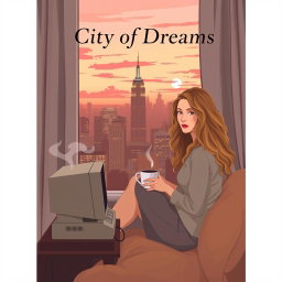 A book cover design in vector art style featuring a cozy and lighthearted scene of a young woman, Carrie Bradshaw, who is 21 years old with long, curly blonde hair, sitting by her apartment window