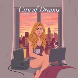 A book cover design in vector art style featuring a cozy and lighthearted scene of a young woman, Carrie Bradshaw, who is 21 years old with long, curly blonde hair, sitting by her apartment window