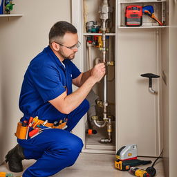 A dedicated plumber, dressed in work attire, using his tools to diligently fix a leaking pipe within a residential setting.