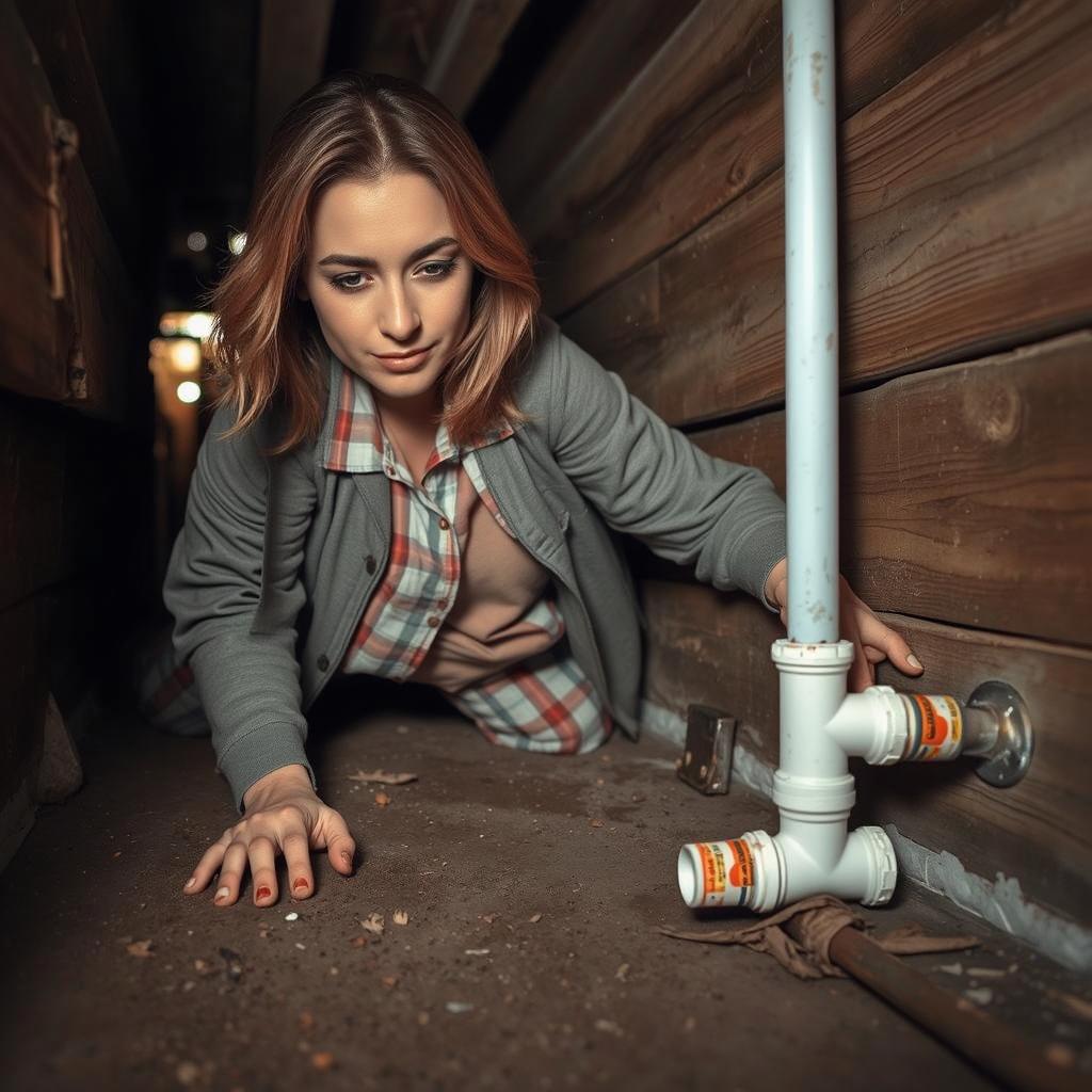 A realistic scene of a woman crouched in a narrow space under her house, holding a wrench in one hand while inspecting a CPVC water line