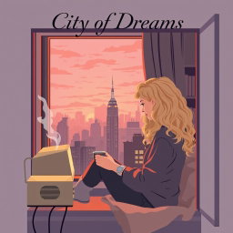 A book cover design in vector art style for 'City of Dreams' featuring a cozy and lighthearted scene of a young woman, Carrie Bradshaw, who is 21 years old with long, curly blonde hair, sitting by her apartment window