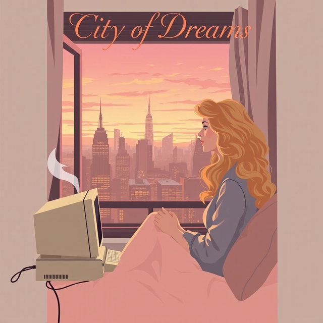 A book cover design in vector art style for 'City of Dreams' featuring a cozy and lighthearted scene of a young woman, Carrie Bradshaw, who is 21 years old with long, curly blonde hair, sitting by her apartment window