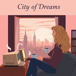 A book cover design in vector art style for 'City of Dreams' featuring a cozy and lighthearted scene of a young woman, Carrie Bradshaw, who is 21 years old with long, curly blonde hair, sitting by her apartment window