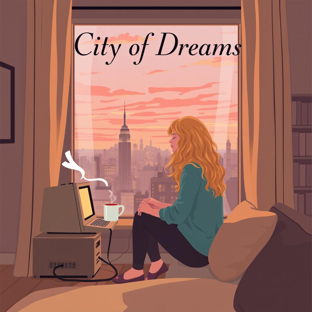 A book cover design in vector art style for 'City of Dreams' featuring a cozy and lighthearted scene of a young woman, Carrie Bradshaw, who is 21 years old with long, curly blonde hair, sitting by her apartment window