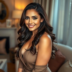 A beautiful brunette woman with curvy features, exuding confidence and allure