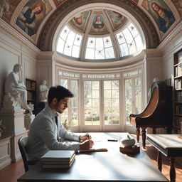 A young scientist focused on work at a spacious desk in a library decorated with antique frescoes on the dome