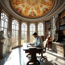 A young scientist focused on work at a spacious desk in a library decorated with antique frescoes on the dome