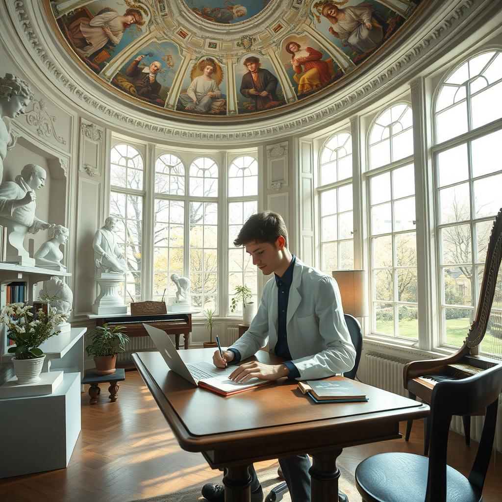 A young scientist focused on work at a spacious desk in a library decorated with antique frescoes on the dome