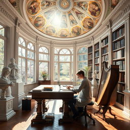 A young scientist focused on work at a spacious desk in a library decorated with antique frescoes on the dome