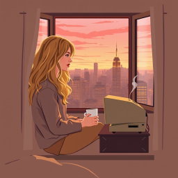 An HD quality book cover design in vector art style featuring a cozy and lighthearted scene of a young woman, Carrie Bradshaw, who is 21 years old with long, curly blonde hair, sitting by her apartment window