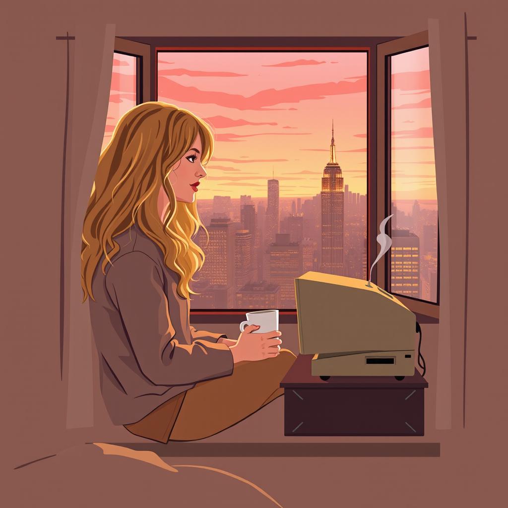 An HD quality book cover design in vector art style featuring a cozy and lighthearted scene of a young woman, Carrie Bradshaw, who is 21 years old with long, curly blonde hair, sitting by her apartment window