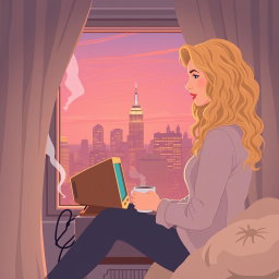 An HD quality book cover design in vector art style featuring a cozy and lighthearted scene of a young woman, Carrie Bradshaw, who is 21 years old with long, curly blonde hair, sitting by her apartment window
