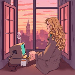 An HD quality book cover design in vector art style featuring a cozy and lighthearted scene of a young woman, Carrie Bradshaw, who is 21 years old with long, curly blonde hair, sitting by her apartment window