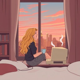 An HD quality book cover design in vector art style featuring a cozy and lighthearted scene of a young woman, Carrie Bradshaw, who is 21 years old with long, curly blonde hair, sitting by her apartment window