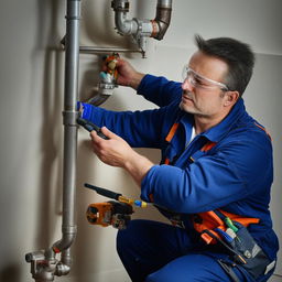 A dedicated plumber, dressed in work attire, using his tools to diligently fix a leaking pipe within a residential setting.