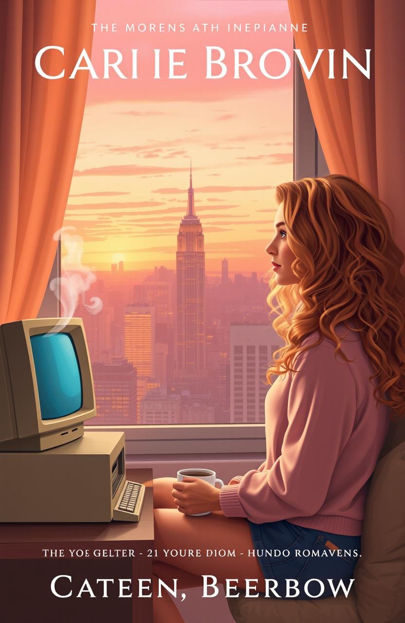 A cozy, lighthearted book cover design featuring a young woman inspired by Carrie Bradshaw, a 21-year-old blonde with long, curly hair, sitting by her apartment window