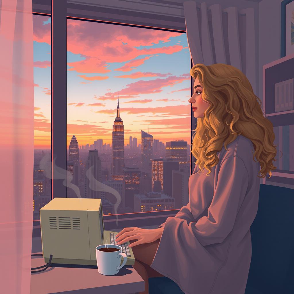 A cozy, lighthearted book cover design featuring a young woman inspired by Carrie Bradshaw, a 21-year-old blonde with long, curly hair, sitting by her apartment window