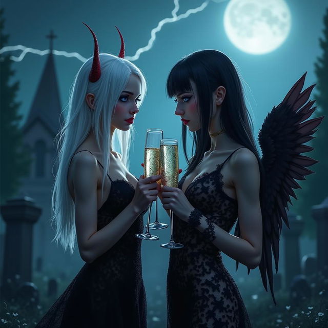 A striking scene featuring two beautiful, captivating 18-year-old girls in an ethereal midnight cemetery