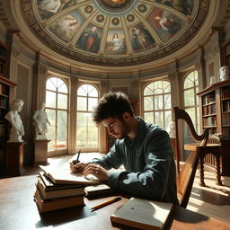 A young scientist is deeply focused, working at a writing desk in a spacious library adorned with ancient frescoes on the dome