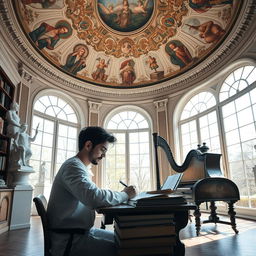 A young scientist is deeply focused, working at a writing desk in a spacious library adorned with ancient frescoes on the dome