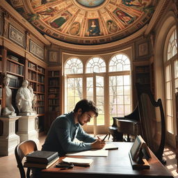 A young scientist is deeply focused, working at a writing desk in a spacious library adorned with ancient frescoes on the dome