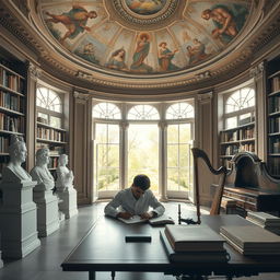 A young scientist is deeply focused, working at a writing desk in a spacious library adorned with ancient frescoes on the dome