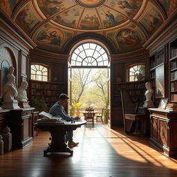 A young scientist focused on his work at a wooden desk in a spacious library adorned with ancient frescoes on the dome