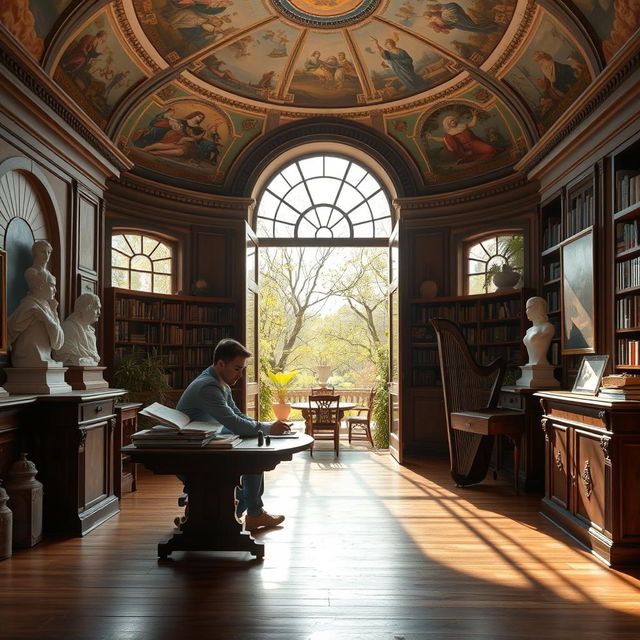 A young scientist focused on his work at a wooden desk in a spacious library adorned with ancient frescoes on the dome