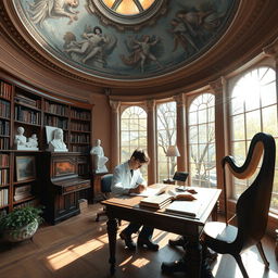 A young scientist focused on his work at a wooden desk in a spacious library adorned with ancient frescoes on the dome