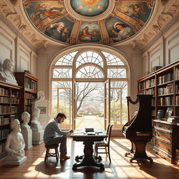 A young scientist focused on his work at a wooden desk in a spacious library adorned with ancient frescoes on the dome