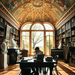 A young scientist focused on his work at a wooden desk in a spacious library adorned with ancient frescoes on the dome