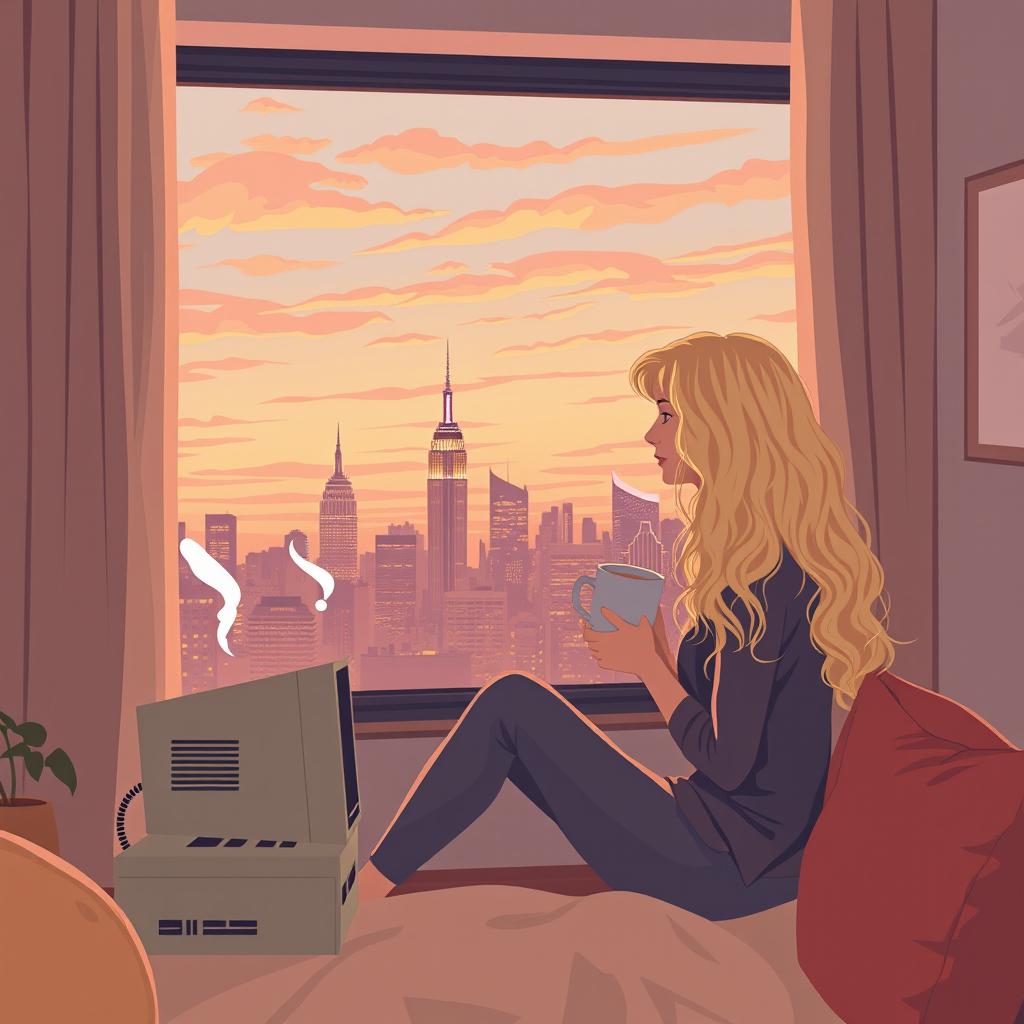 A cozy, lighthearted book cover design in vector art style featuring a young woman inspired by Carrie Bradshaw, a 21-year-old blonde with long, curly hair, sitting by her apartment window